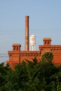 Iconic Lucky Strike smokestack at the American Tobacco Historic District in Durham